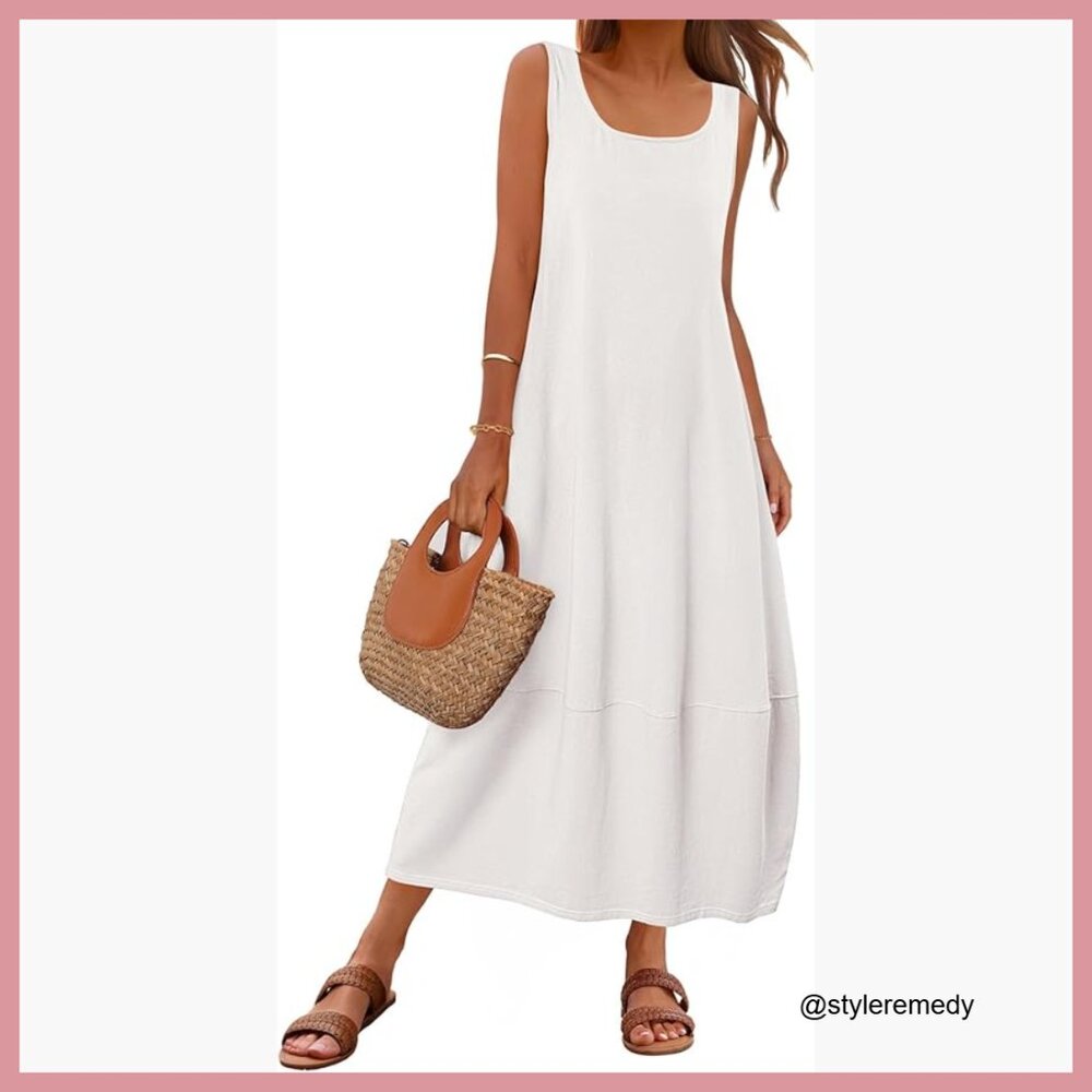 Cotton and Elastane Maxi Sundress Scoop Neck Sleeveless Loose Fit